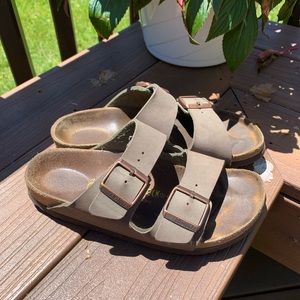 Gray / tan Birkenstocks